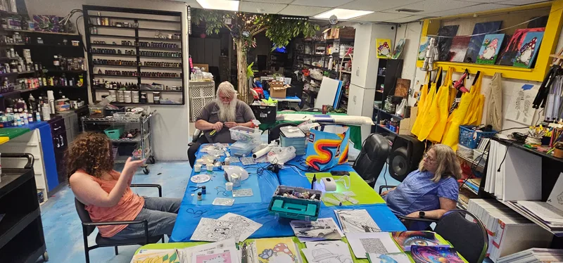 A busy session at the studio work tables